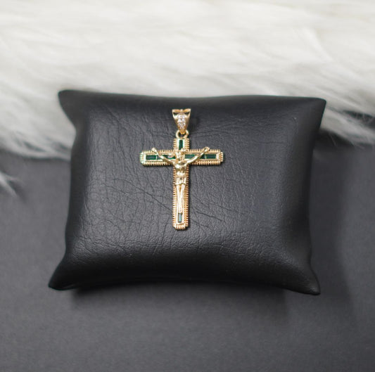 DIJE CRUZ JESUS DORADO PIEDRAS VERDES